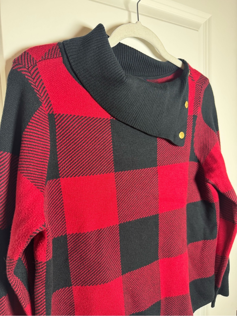 Adrienne Vittadini Red and Black Buffalo Plaid Button-Neck Sweater Holiday - Picture 3 of 6